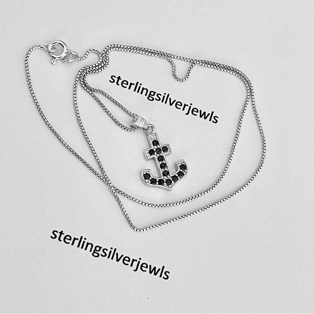 Sterling Silver Black CZ Anchor Necklace, Silver Necklace, Boat Necklace